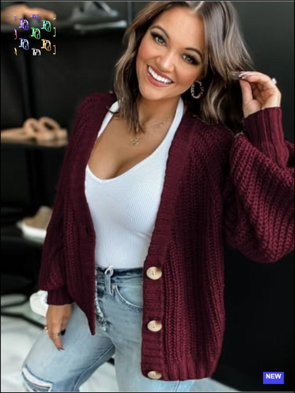 Chunky Knit Open Front Cardigan Women's Long Sleeve V-Neck Button Down Sweater - Picture 4 of 6